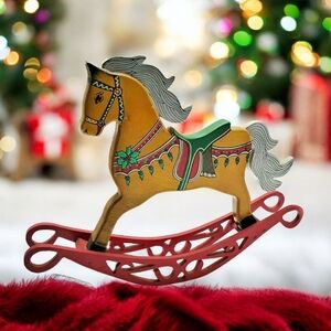 Vtg Christmas Hand Painted Wooden Rocking Horse Toy JAC Holiday Decor Folk Art